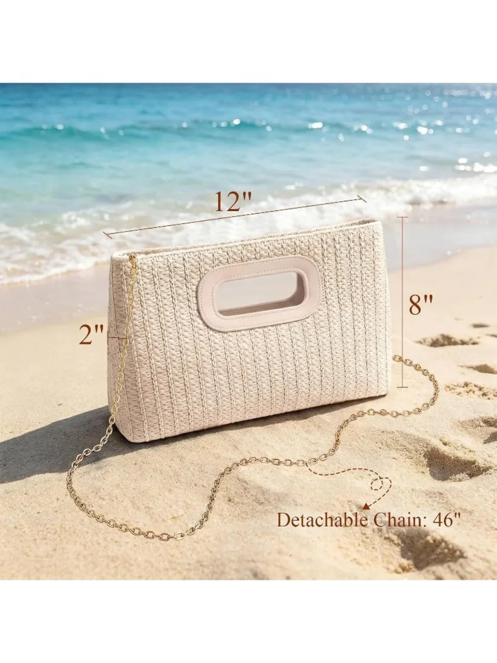Women's Beige Clutch Handbag Modern Faux Leather with Metal Handle Evening Bag